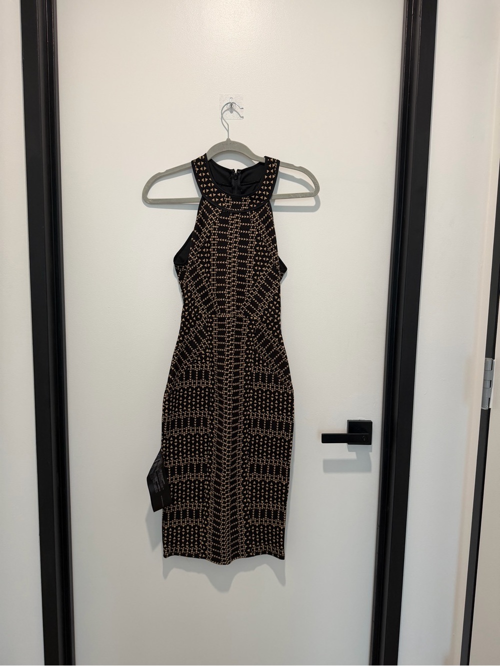 BCBGMaxAzria Black Dress with Gold Geometric Accents